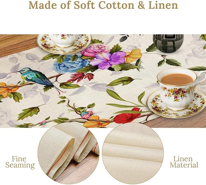 Vintage Bird Flower Table Runner Seasonal Spring Summer Garden Plants Farmhouse Country Kitchen Dinner Runner Dining Table Decoration for Home Party Holiday 13"x70"