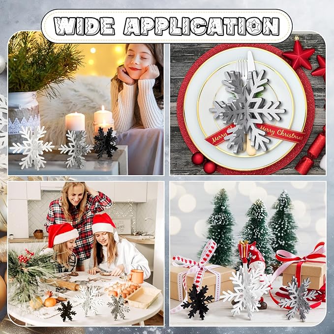 Bucherry 12 Pcs Wooden Snowflake Table Decor 3D Snowflake Tabletop Signs and Centerpiece for Christmas Xmas Winter Wonderland Decorations Home Party(White, Gray, Black)