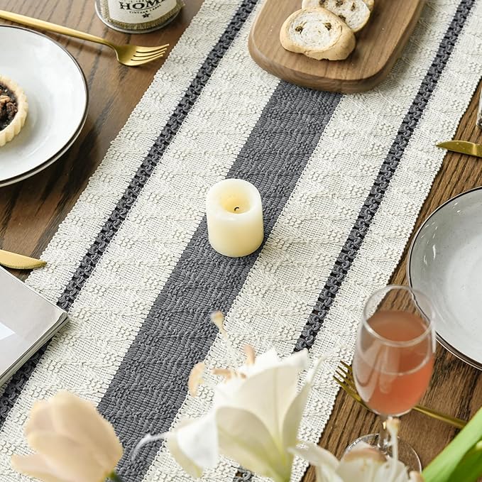 Artoid Mode Dark Grey Farmhouse Woven Rustic Table Runner, Seasonal Holiday Hollow Kitchen Dining Table Decoration for Home Party Decor 12x90 Inch