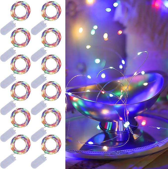 WATERGLIDE 12 Pack Colorful Fairy Lights Battery Operated (Included), 7 ft 20 LED Mini String Lights, Waterproof Silver Wire Firefly Starry Light for DIY Wedding Christmas Party Mason Jars Decor