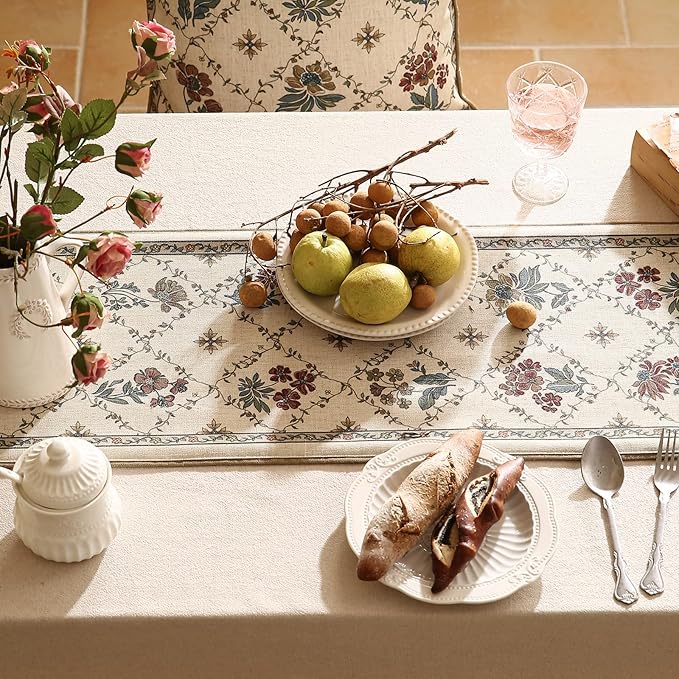 patdrea Designer Vintage Floral Linen Table Runner 71 Inch Long, Beige Cottage Rustic Bouquets Pattern Table Mat,Decor for Kitchen Dining Coffee Table Shelf Cabinet Banquet Christmas ,12"*71"