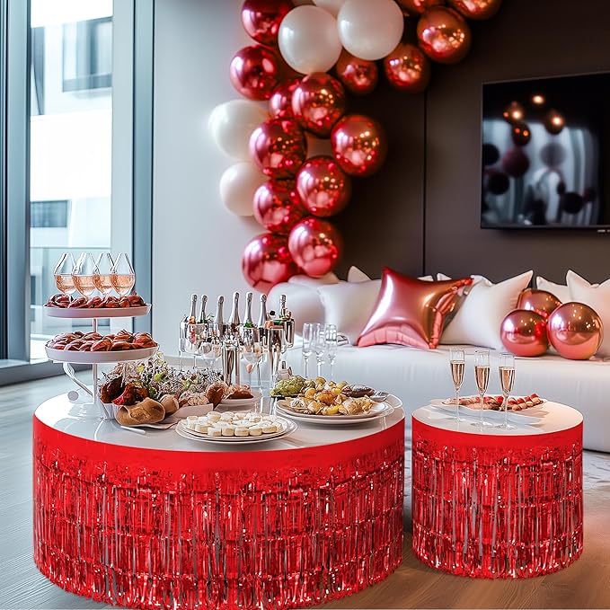2 Pack Red Table Skirts, 29x108" Metallic Foil Tinsel Fringe Table Skirts for Rectangle Tables Streamer Curtains Backdrop, Party Decorations for Birthdays Weddings Holidays
