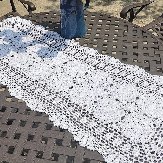 Phantomon Lace Table Runner Rectangular Table Cover Cloth Handmade Crochet Floral Placemats 100% Cotton (Floral White, 15x39Inch)