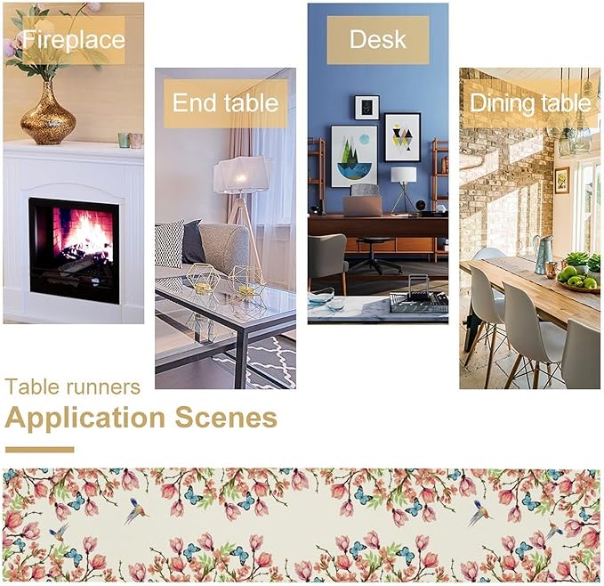 Flowers Table Runner,Floral Bird Butterfly Spring Table Cloth Kitchen Dining Table Home Party Decoration 13x36 Inch