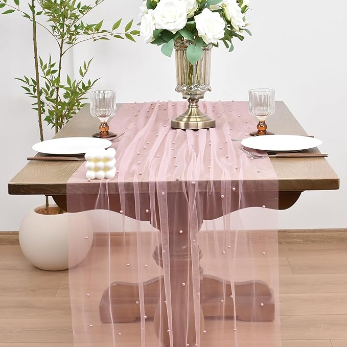 Joanlody Fall Pearl Table Runner 10ft Rustic Boho Tulle Table Runner with Pearls for Baby Shower Wedding Party Veil Dessert Thanksgiving Table Decor Dusty Rose 4pcs