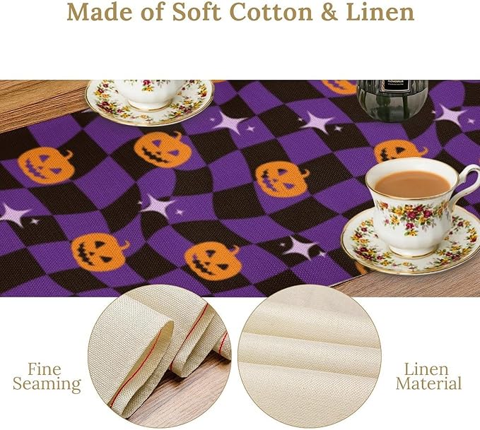Halloween Table Runner,Purple Checkered Pumpkin Table Runner for Kitchen Dining Table Decoration Home Party Decor 13x120 Inch
