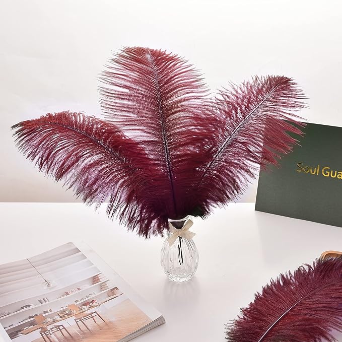 Ballinger Big Burgundy Ostrich Feathers - 24Pcs 8-10inch Wine Red Feathers for Party Centerpieces, Flower Arrangement and Home Decor
