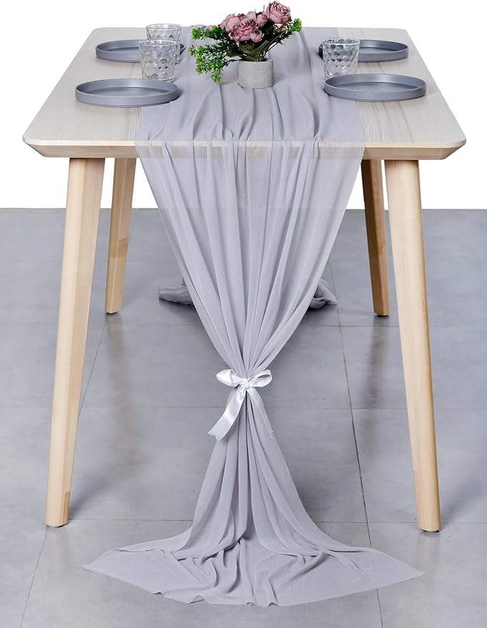 MDS 10 Pack 10ft Chiffon Table Runner 29 x 120 Inches Sheer Wedding Runner Romantic Rustic Table Runner for Wedding Decorations, Birthday Parties, Bridal Shower Party Arch Decor - Cool Gray