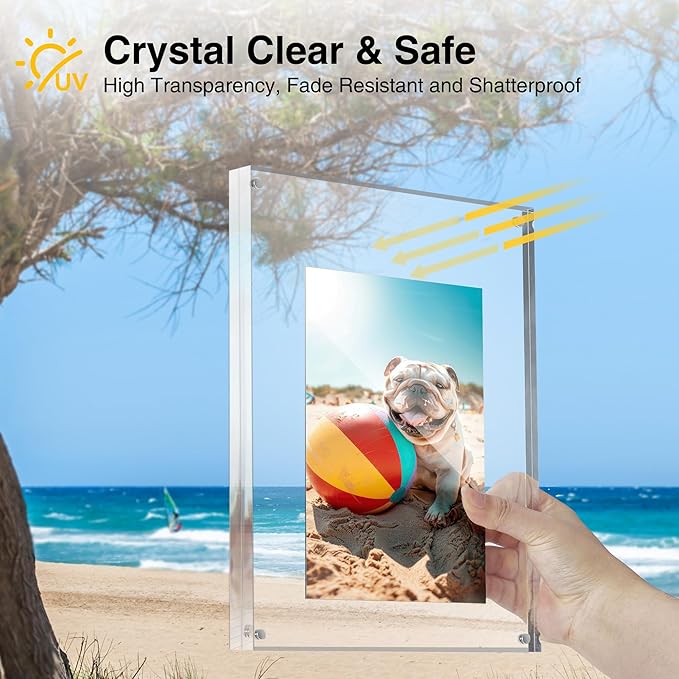 HOUSE DAY Acrylic Picture Frames 8x10, 6 Pack Magnetic 8x10 Picture Frame, Double Sided Clear 8 x 10 Photo Frame with Microfiber Cloth, Frameless FreeStanding 8x10 Frame Gift for Desktop Display
