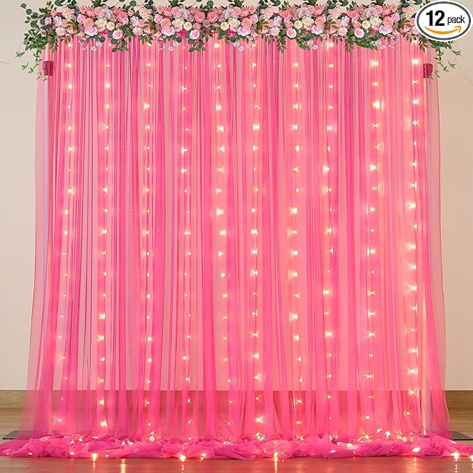 Hot Pink Tulle Backdrop Curtain with Lights for Parties 10x8ft Fuchsia Sheer Backdrop Curtains for Weddings Birthday Baby Shower Photo Shoot Background Decorations