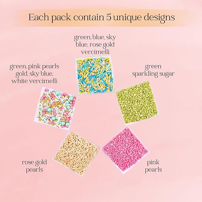 Confect Sprinkles – 5 Pack Assorted Cake Decorating Mix (Hot Pink & Ivory Pearl Dragees, Champagne Gold & Blue Jimmies, Green Sparkling Sugar) – Festive Edible Toppings for Cakes, Cupcakes, Cookies – Vegan, Gluten-Free, Nut-Free, Soy-Free, Dairy-Free, ...