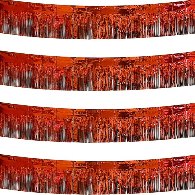 4 Pack Red Total 40 Feet Foil Fringe Garland Metallic Tinsel Banner Wall Hanging Drapes Parade Float Skirting Decorations for Trailer Mardi Gras Party Birthday Wedding Baby Shower