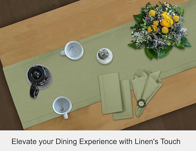Ruvanti Linen Table Runner 108 Inches, Classic Hemstitch, Washable, Reusable, Non-Slipping, Stain Resistant- Perfect for Parties, Weddings, Dinners, Thanksgiving, Christmas, Indoor use – Olive
