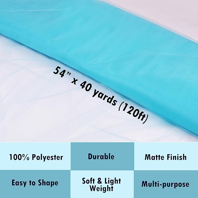 Craft And Party, Fabric Tulle 54" by 40 Yards (120 ft) Light Blue Fabric Tulle Bolt for DIY Tutu Skirt, Wedding and Decoration (Light Blue)