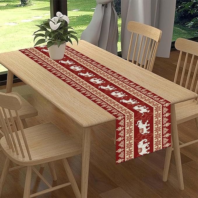 Boho Elephant Table Runner, Vintage Tribal Traditional African Animals Ethnic Folk Red Table Center Decor for Home Kitchen Dining Patio Holiday Party Indoor Outdoor Table Decorations, 13"x72" Inch