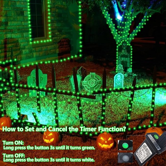 YEGUO 66ft 200 LED Green Halloween Lights Outdoor Waterproof, Green Wire Christmas String Lights Indoor, 8 Modes Twinkle Tree Lights Plug in with Timer Memory