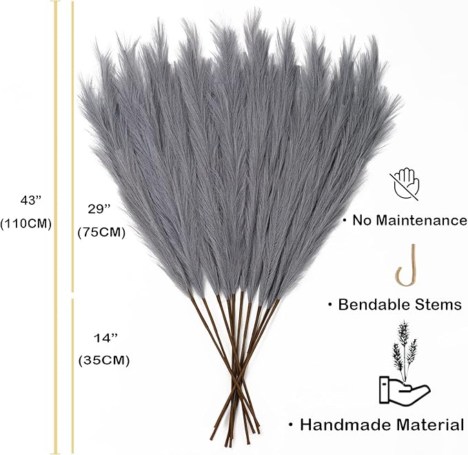 Faux Pampas Grass 6 Stems, Artificial Pampas Grass - 43''/3.6FT Total Extra Large Pompass Grass Tall Pompous Boho Flower Arrangement and Floor Vase Filler Home Decor for Room Wedding Party (Grey)