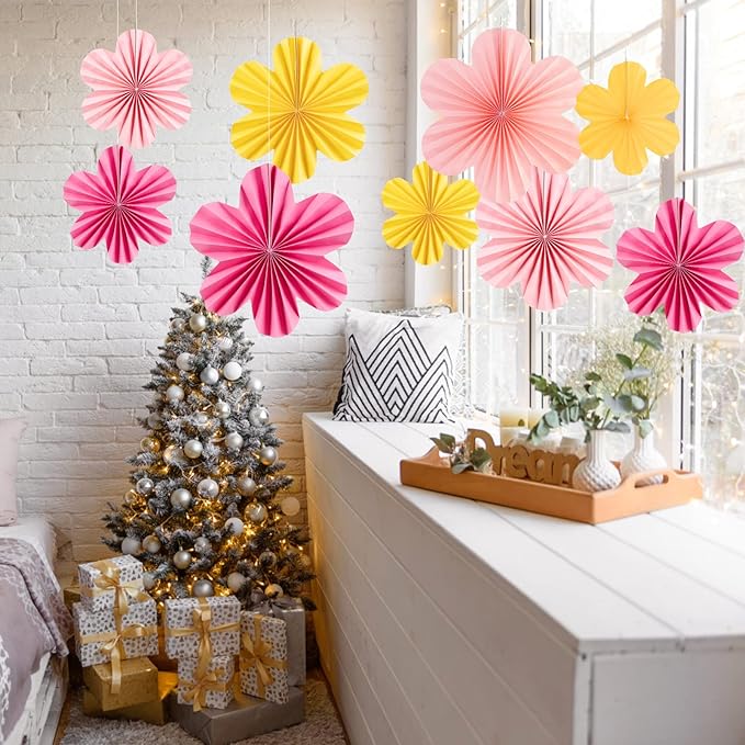 SUNBEAUTY 9 PCS Paper Flowers Decorations for Wall Paper Fans Classroom Decoration Paper Floral Backdrop Decor Paper Fans Decoration