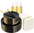Supernal 350pcs Black Plastic Dinnerware Set - Black and Gold Plastic Plates, Gold Silverware Set, Wedding Party Plate, Cups Prefect for Halloween, Thanksgiving, Christmas Party and New Year