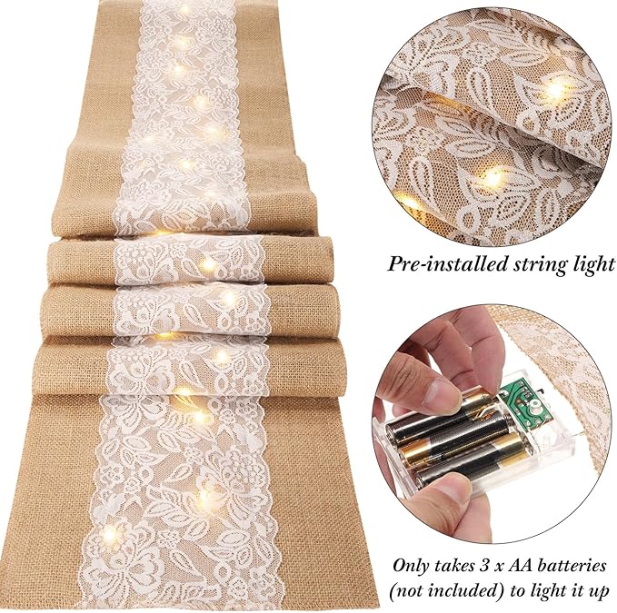 Xinnun 6 Pack Burlap Table Runner with LED String Lights, Modern Rustic Lace Natural Vintage Boho Jute Wedding Table Decor for Farmhouse Thanksgiving Christmas(Modern Neutral,12x70 Inches)
