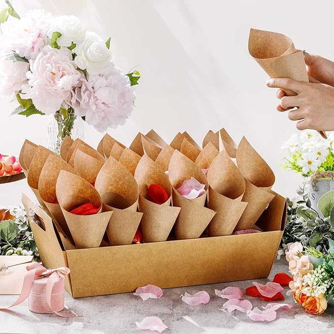6 Set Wedding Confetti Cone Holder Box Each Includes 30 Pieces of Cone Papers and 30 Holes for 30 Confetti Cones Box Party Confetti Cone Kraft Stand Tray Box for Wedding Party Candy Flower