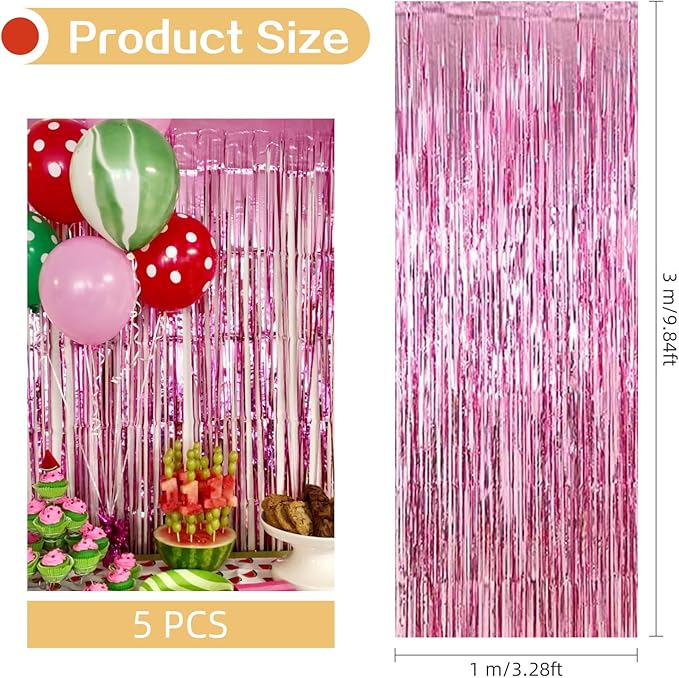 5 Pack Pink Foil Curtain Backdrop 3.2ft x 9.8ft Metallic Tinsel Foil Fringe Curtains Streamer Photo Booth Backdrop for Birthday Party Engagement Bachelorette Party Decorations (Pink)