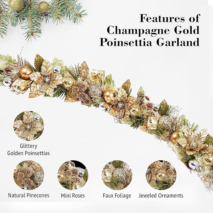 5 ft Christmas Garland for Mantle Unlit Garland for Stairs Railing, Banister, Staircase, Fireplace, for Table No Light, Garland Decor Frosted Red Poinsettia Holiday Tree (Glittery Champagne Gold)