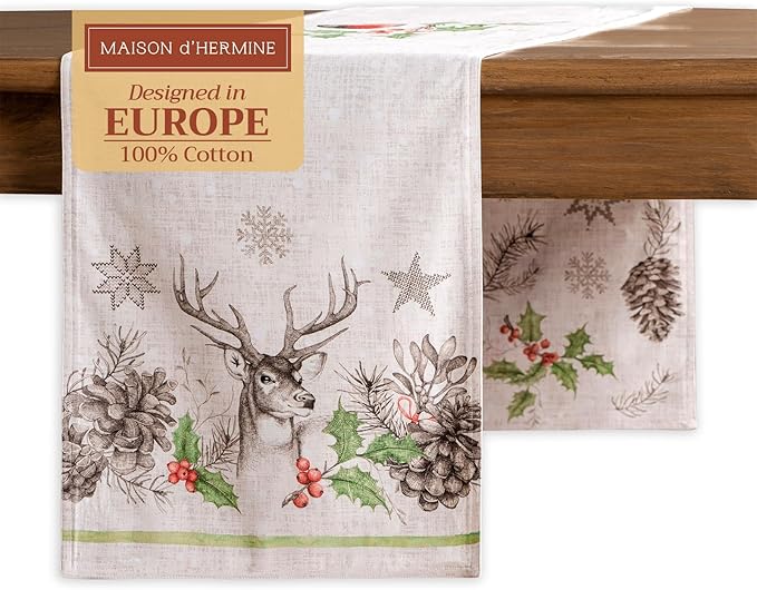 Maison d' Hermine Table Runner 100% Cotton Double Layer Table Runners 108 inches Long for Thanksgiving Christmas Decorations Home Kitchen Dining Party Wedding (Christmas Dew, 14.5" x 108")