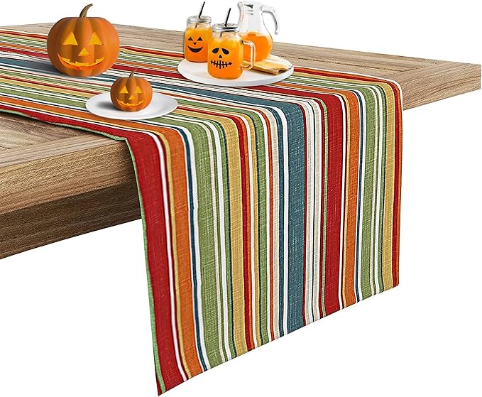 Ruvanti 100% Cotton Table Runner 36 Inches Long, Non-Slip, Stain Resistant, Washable & Reusable Table Runners Perfect for Wedding, Parties, Christmas, Holiday, in-Door use - Multi Stripe