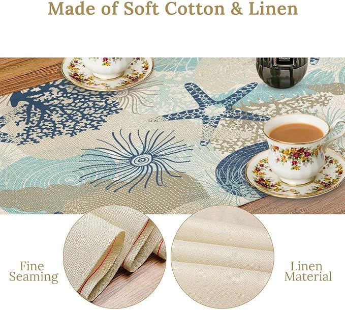 Nautical Coastal Table Runner，Ocean Themed Starfish Coral Conch Beach Kitchen Dinning Table Decoration for Indoor Outdoor Home Party Decor 13x60 Inch