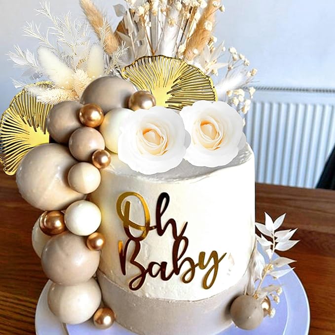 JeVenis Boho Champagne Cake Decoration Gold Balls Cake Decoration Palm Leaves Cake Topper Bohemian White Gold Ball for Wedding Birthday Birthday Anniversary