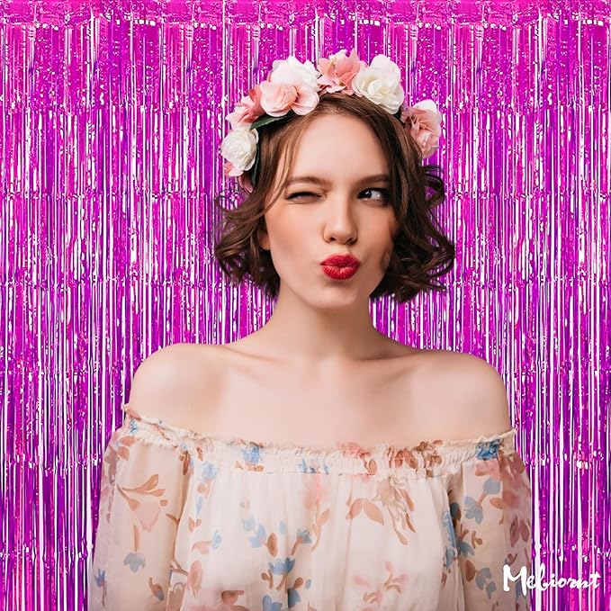 4 Pack Fuchsia Fringe Curtain Backdrop, 3.2Ft x 6.6Ft Metallic Tinsel Foil Fringe Streamers Curtains Background for Photo Booth Birthday Wedding Baby Shower Party Thanksgiving Christmas Decorations