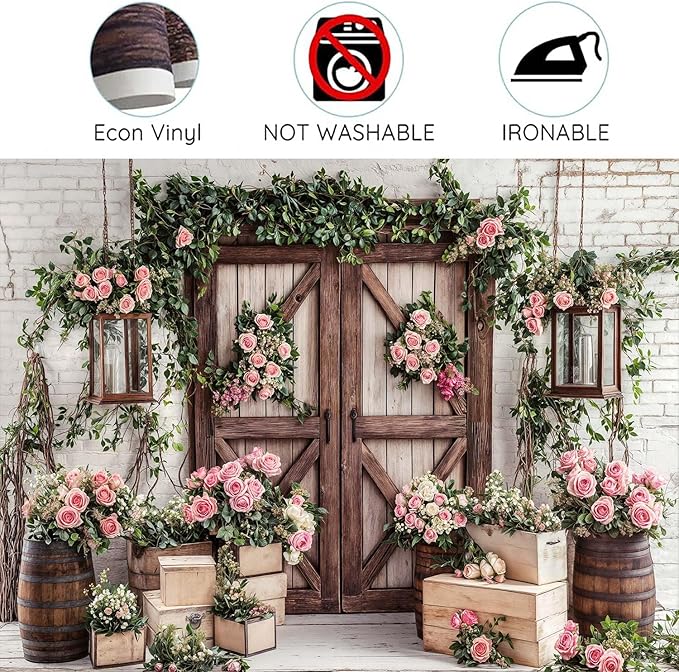 20x10ft Country Wedding Photography Backdrop Floral Rustic Roses Farmhouse Wooden Door Backdrop Pink Flower Birthday Baby Shower Wedding Bridal Party Banner Photo Booth Props Anniversary Background