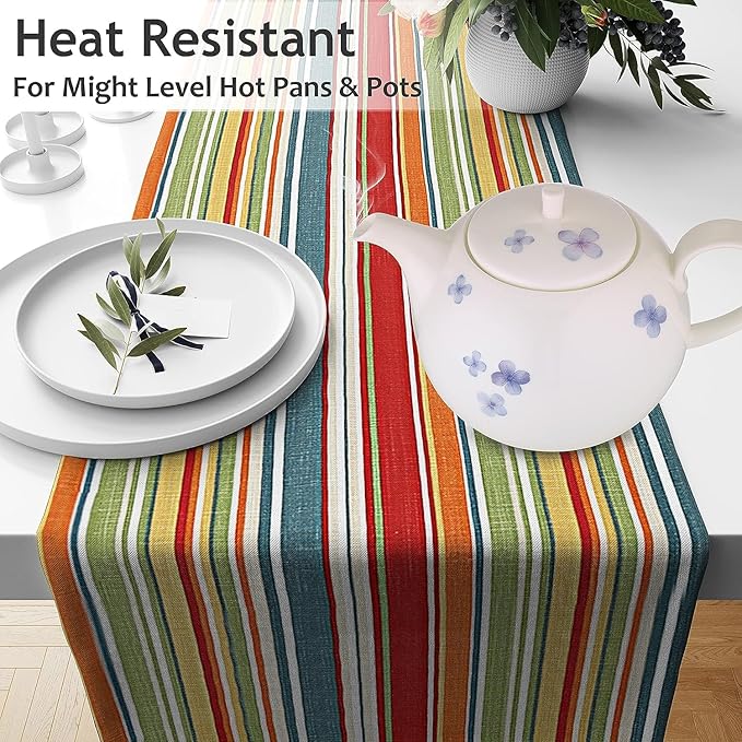 Ruvanti 100% Cotton Table Runner 120 Inches Long, Non-Slip, Stain Resistant, Washable & Reusable Table Runners Perfect for Wedding, Parties, Christmas, Holiday, in-Door use - Multi Stripe