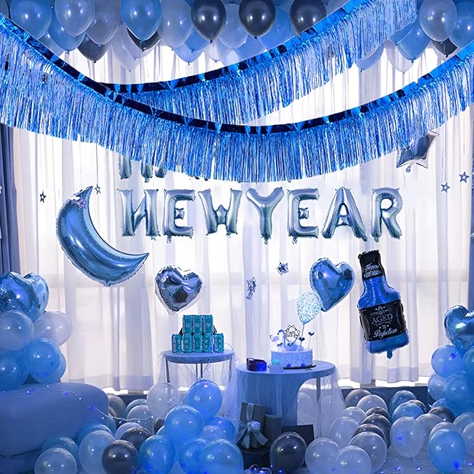 Blue Foil Fringe Garland 10FT 6packs, Metallic Foil Tinsel Fringe Banners for Parade Float Decorations Wedding, Birthday Party Graduation (six Blue)