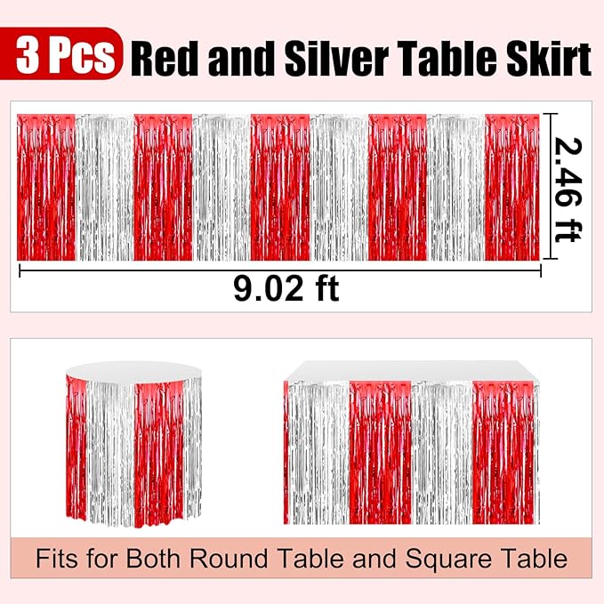 3 Pack 29 x108 Inch Red Silver Foil Fringe Table Skirts Metallic Banner for Tinsel Streamer Garland Backdrop for Parade Floats Wedding Thanksgiving Birthday Christmas New Year Party Decoration
