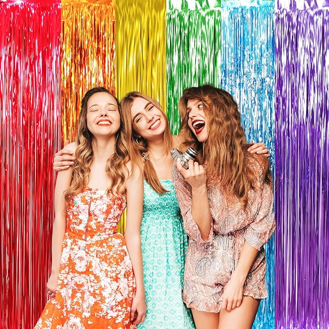 GOER 6.5 ft x 8.2 ft Metallic Tinsel Foil Fringe Curtains,Pack of 2 Party Streamer Backdrop for Birthday,Graduation Decorations and New Year Eve (Rainbow Colors)