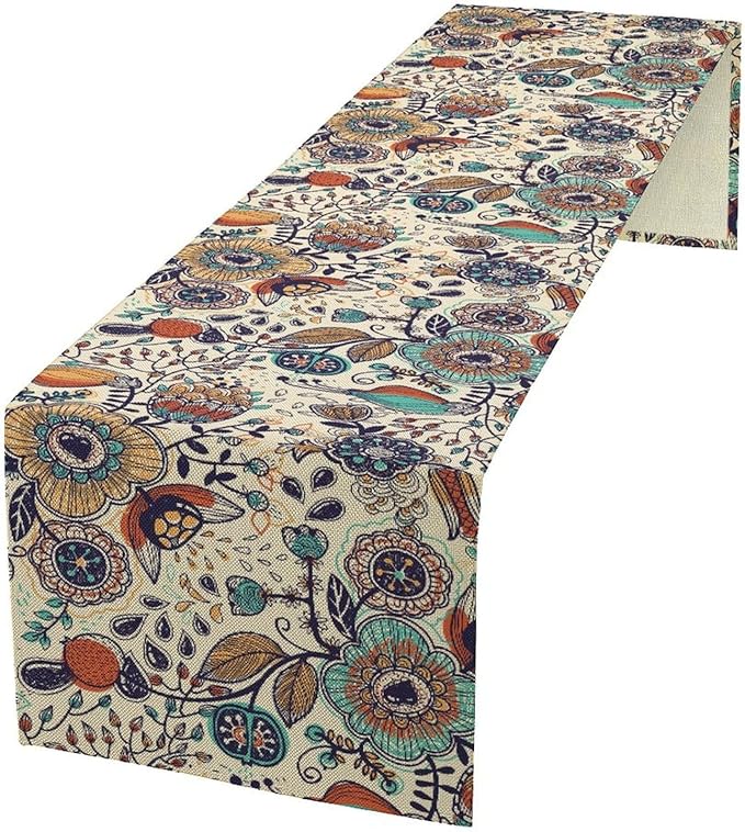 Boho Floral Table Runner,Vintage Flowers Tropical Plants Country Style Table Cloth Kitchen Dining Table Home Party Decoration 13x72 Inch