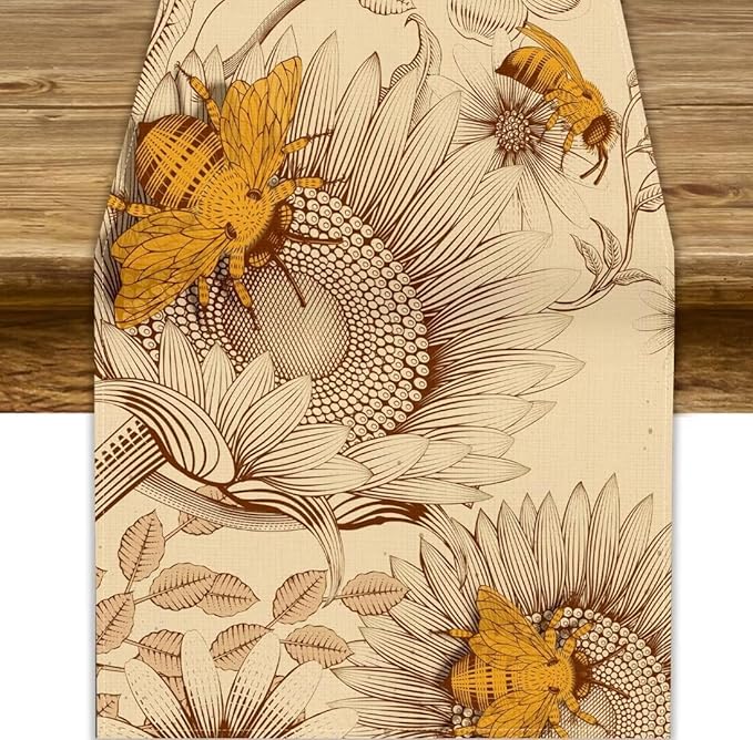Vintage Bee Table Runner, Rustic Retro Wildflowers Print Home Farmhouse Table Cover for Party Indoor Outdoor Decoration Kitchen Dining Table Decor, 13x60inch