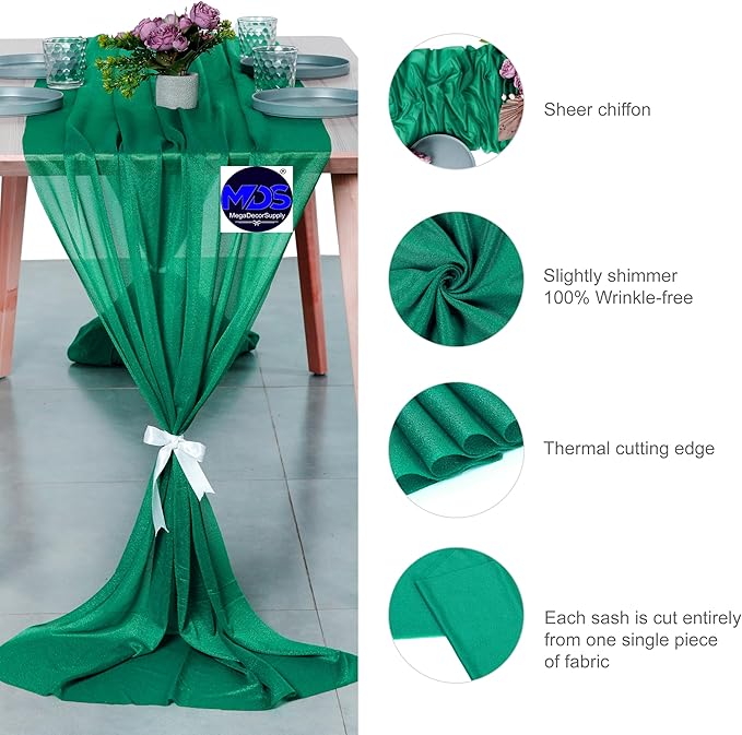 MDS 2 Pack 10ft Chiffon Table Runner 29 x 120 Inches Sheer Wedding Runner Romantic Rustic Table Runner for Wedding Decorations, Birthday Parties, Bridal Shower Party Arch Decor - Emerald Green