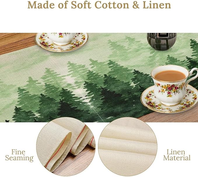 Foggy Forest Table Runner,Watercolor Wreen Misty Forest Landscape Table Runner for Kitchen Dining Table Home Party Decoration 13x60 Inch