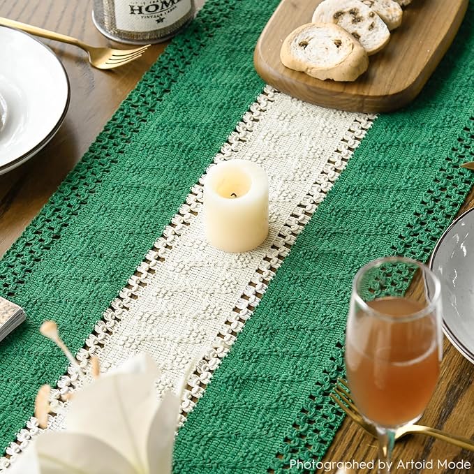 Artoid Mode Dark Green Farmhouse Rustic Table Runner, Seasonal Hollow Kitchen Dining Table Decoration for Home Party Decor 12x60 Inch
