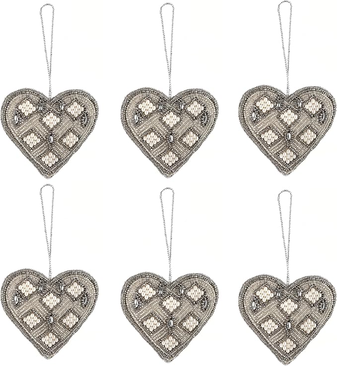 Beaded Heart Hanging Ornaments with Twine - Home Decor Modern Style Beaded Decorative Ornaments for Living Room, Bedroom, Office Desktop, Cabinets - Set of 6 (Grey) - CLEENTABLE