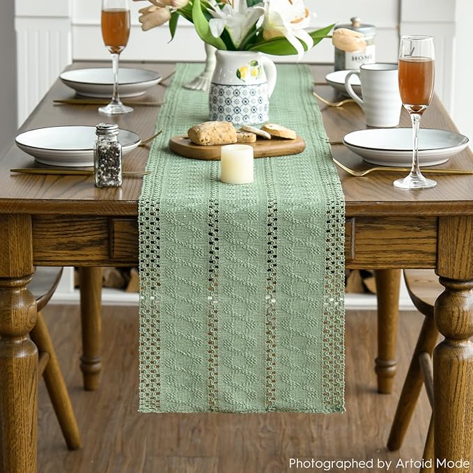 Artoid Mode Light Green Farmhouse Woven Rustic Hollow Table Runner, Seasonal Holiday Kitchen Dining Table Decoration for Home Party Decor 12x36 Inch