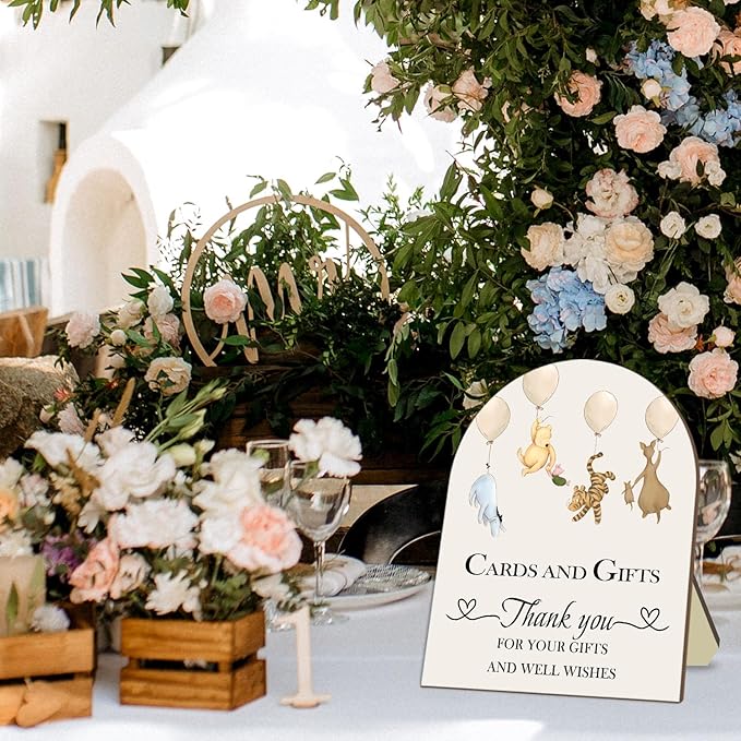Winnie Cards and Gift Sign, Classic Pooh Thank You Wooden Sign, Classic Winnie Bridal Shower Baby Shower Favors, Thank You for Your Gift and Well Wishes Sign with Stand 9 * 11IN