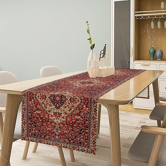 Boho Floral Vintage Table Runner, Paisley Retro Red Flower Rustic Country Farmhouse Abstract Pattern for Home Kitchen Table Decor Dining Coffee Room Party Decor 13x36in