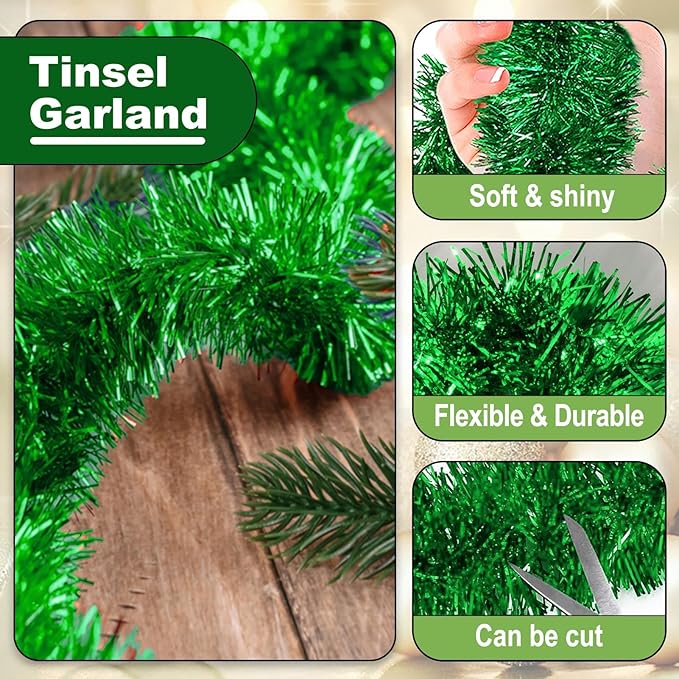 25 Feet Metallic Twist Tinsel Garland Backdrop for Parade Floats, Christmas Eve, New Year, Valentine's Day Party Decorations (Green, 4in x 25ft)