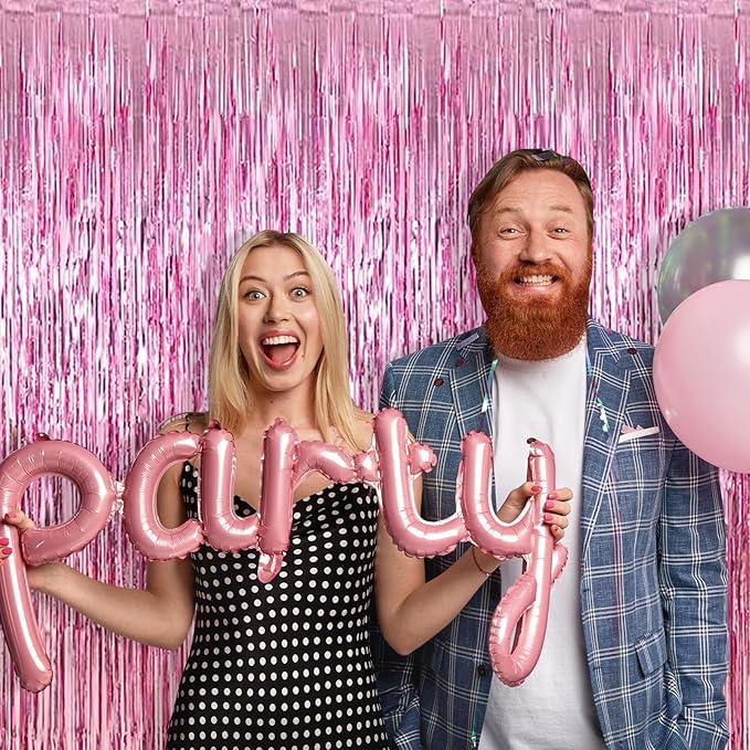5 Pack Pink Foil Curtain Backdrop 3.2ft x 9.8ft Metallic Tinsel Foil Fringe Curtains Streamer Photo Booth Backdrop for Birthday Party Engagement Bachelorette Party Decorations (Pink)