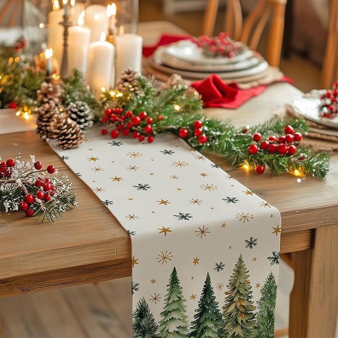 GEEORY Christmas Table Runner 13x72 Inch, Xmas Tees Snowflakes Holiday Decorative Farmhouse Table Decoration for Kitchen Dinning, Indoor Outdoor Dinner Party Decor (Light Green) GT166-72