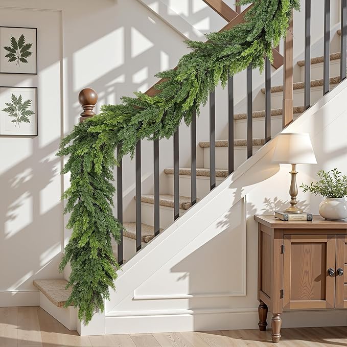 2PCS 9FT Artificial Christmas Garland, Cedar Garland -Real Touch Greenery Cypress Pine Garland for Mantle Table Railing Fireplace Indoor & Outdoor Christmas Decorations